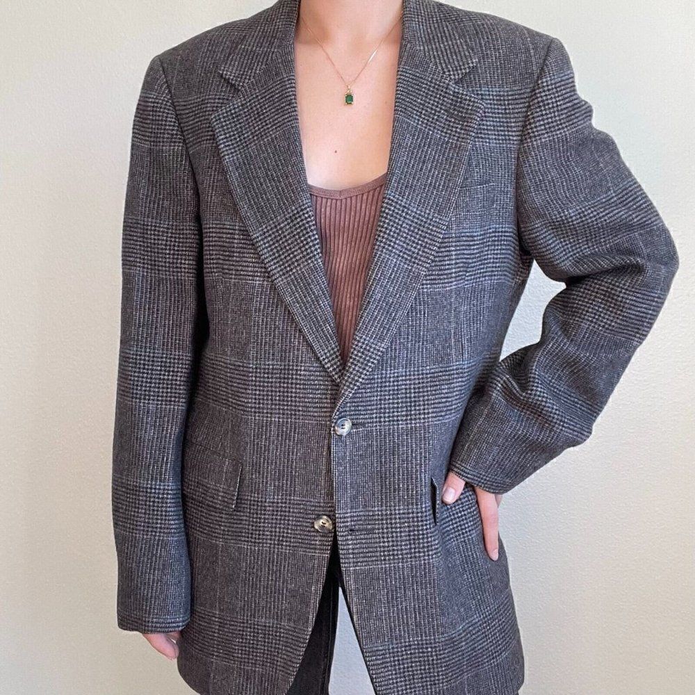 Vintage 90s Mens Bill Blass Plaid 100% Camel Hair Soft Sport Coat Blazer Sz L